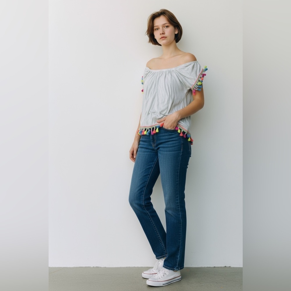 Social Teen Off-Shoulder Top with Colorful Tassels